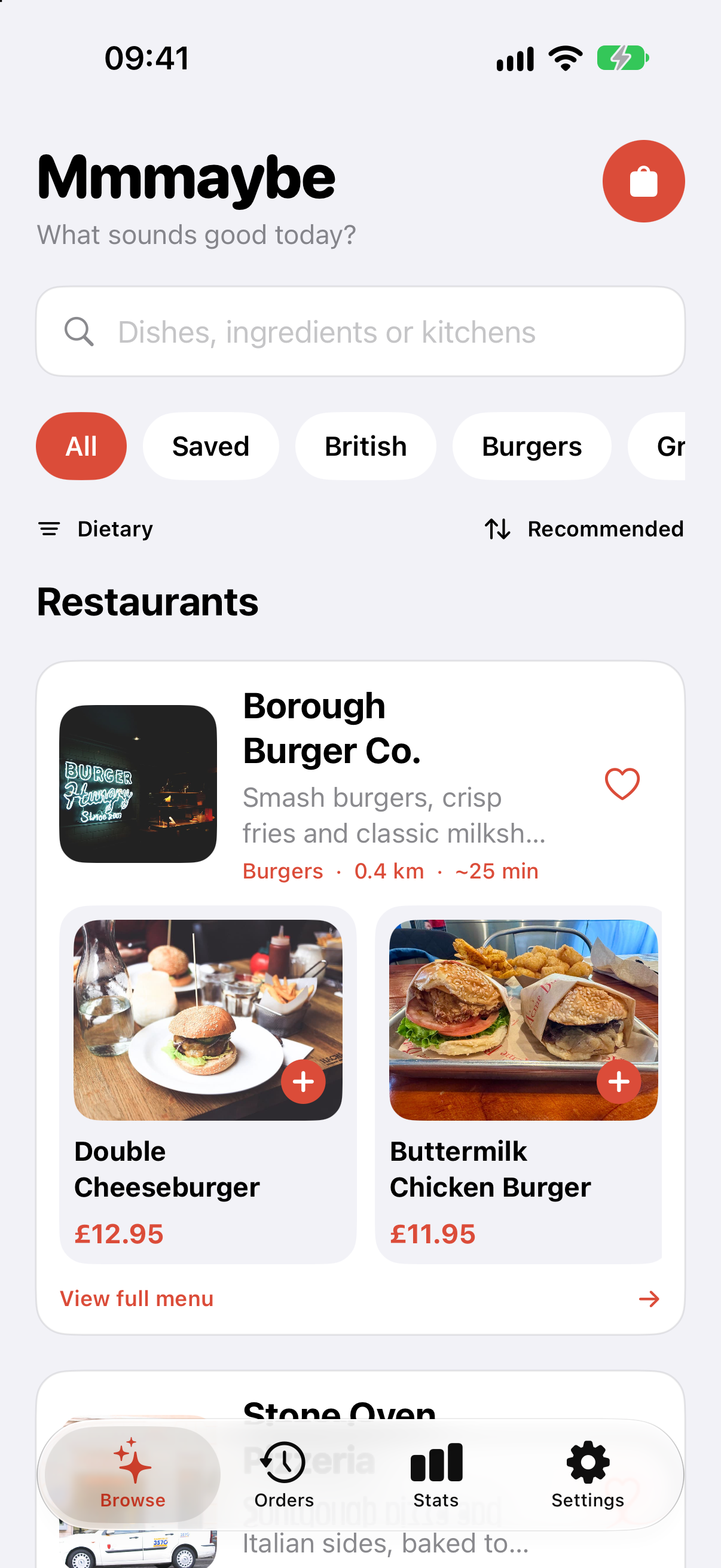 Mmmmaybe Browse screen showing London kitchens, food photography and menu prices in pounds