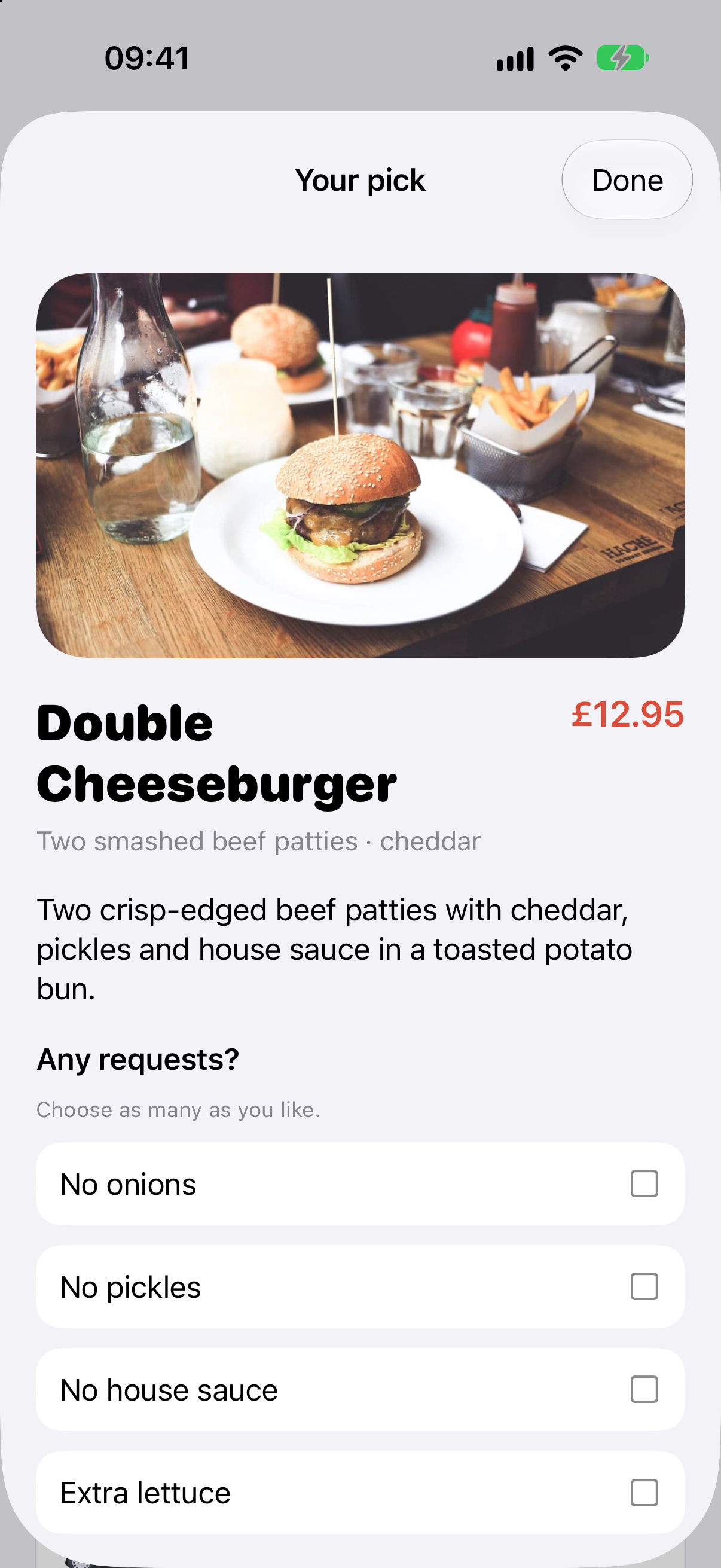 Mmmmaybe Double Cheeseburger screen with choices including no onions and no pickles